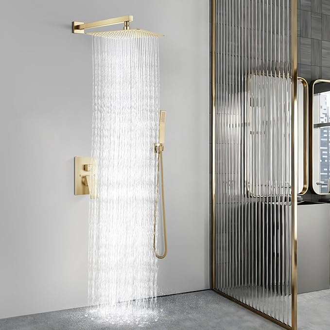 Aolemi Shower Faucet Set Rain Shower System with Handheld Spray Bathroom Shower Combo Rough-in Valve and Shower Trim Kit Included Brushed Gold 16 Inch Wall Mount Shower Head