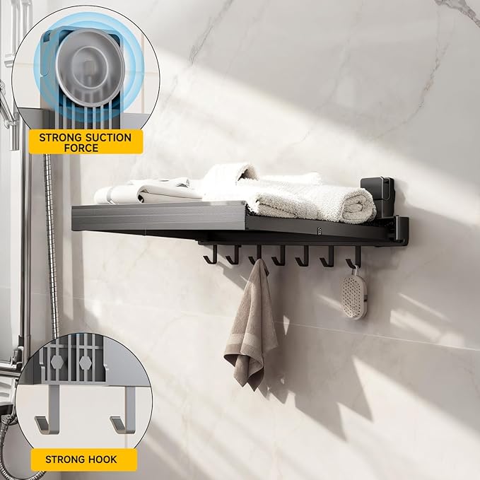 Oleth Telescopic Suction Cup Bathroom Towel Rack & Balcony Drying Net: Super Strong Suction, Tool-Free Install, Wall-Safe. Fits Smooth Surfaces for Towels/Small Items.Bathroom Concealed Folding Shelf