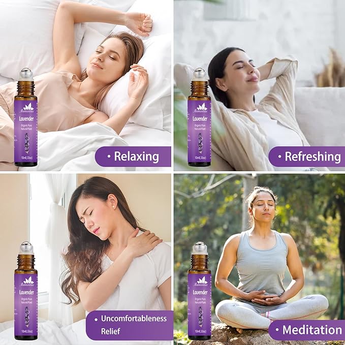 Lavender Essential Oil Roll On for Bedtime & Relaxation, Pre-Diluted with Lavender Oil, Calming Aromatherapy for Pillow, Pulse Points, Skin & Massage, Portable 10mL Rollerball