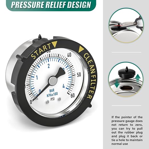 0-60PSI Stainless Steel Pool Filter Pressure Gauge, 1/4" NPT Back Mount - Image 5