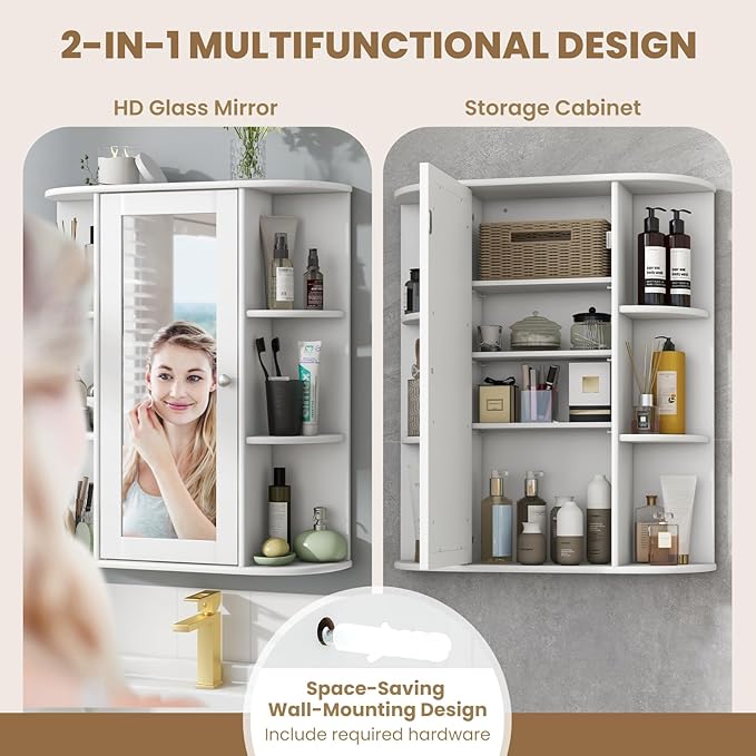 Tangkula Bathroom Medicine Cabinet, Wall Mounted Storage Cabinet with Mirror Door, Removable & 3 Adjustable Shelves, Wooden Hanging Wall Mirror Cabinet for Bathroom Living Room Laundry (White)