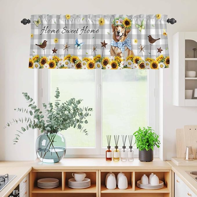 Kitchen Curtains Tiers and Valance Set of 3, Sunflowers Dog Light Filtering - Image 4