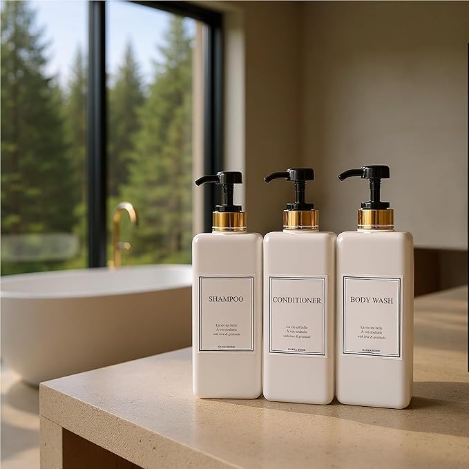 Modern Gold Design Pump Bottle Set 27 oz Refillable Shampoo and Conditioner Dispenser Empty Shower Plastic Bottles with Pump for Bathroom Lotion Body wash Massage Oils, Pack of 3 (Black)