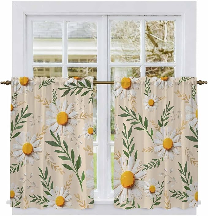 Spring Daisy Kitchen Curtains, Country Watercolor Flower Leaf Plant Light by Unknown