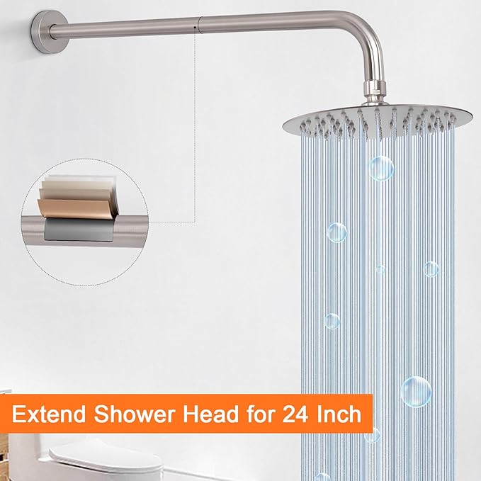 HarJue Shower Arm with Flange and Teflon Tape, Wall Mounted Shower Pipe 304 Stainless Steel Extension Arm for Fixed Shower Head & Handheld (24 Inch, Brushed Nickel)