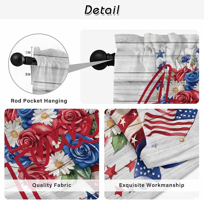Independence Day Kitchen Curtains 54 Inch Long 2 Panel Set, Rod Pocket Window - Image 9