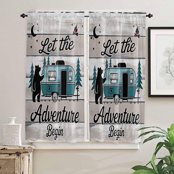 Farmhouse Bear Camper Van Tree Window Valance Curtains, Vintage Wood Grain - Image 7