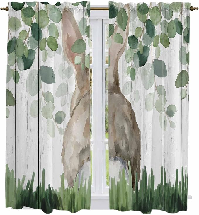 Easter Kitchen Curtains, Country Rabbit Botanical Leaves Wooden Grain Light by Unknown