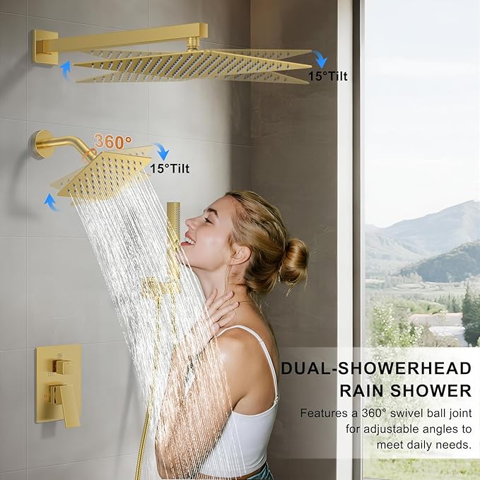 Shower Faucet Set, Wall Mounted Rainfall Shower System 12"+ 6" Dual Shower Head Sets with 2 in 1 Handheld Spray with Rough-in Valve and Shower Trim Kit, Brushed Gold