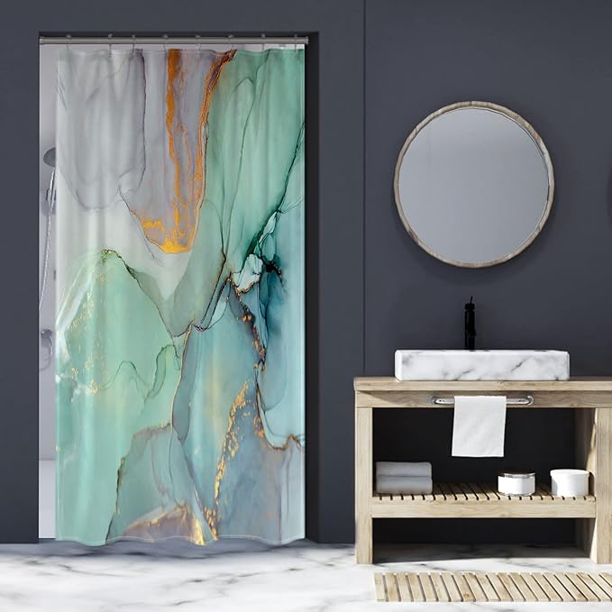 Gibelle Small Stall 36 x 72, Narrow Half Abstract Marble, Blue Green Purple Jade Texture Gold Stripes Ombre Ink Art Decor Waterproof Fabric Curtains for Bathroom