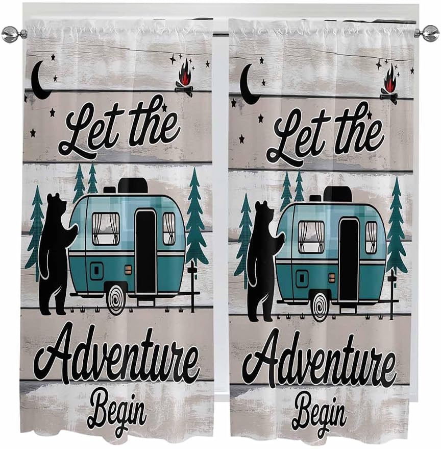 Farmhouse Bear Camper Van Tree Window Valance Curtains, Vintage Wood Grain - Image 9