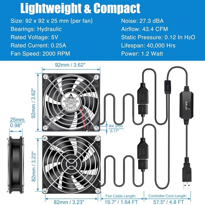 GDSTIME 5V USB 90mm Fan with Speed Control, 92mm x 92mm x 25mm Brushless DC PC - Image 6