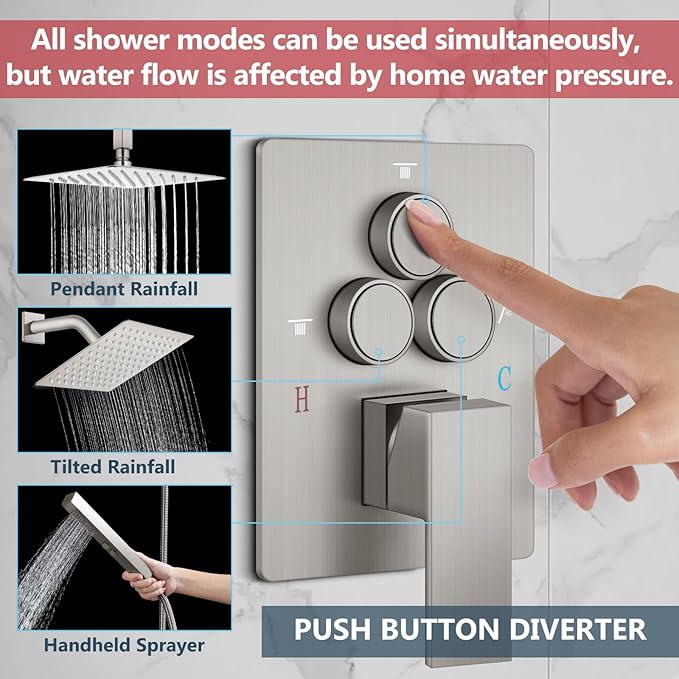 Aolemi Shower Faucet Set Ceiling Mount Shower System Rough-in Valve and Shower Trim Kit 10 and 6 Inch Dual Shower Head 2 in 1 Handheld Spray Push Button Diverter Brushed Nickel