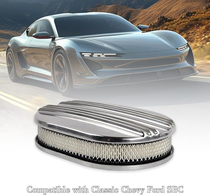 12" Air Cleaner Kit Polished Aluminum Oval Half Finned Compatible - Image 7