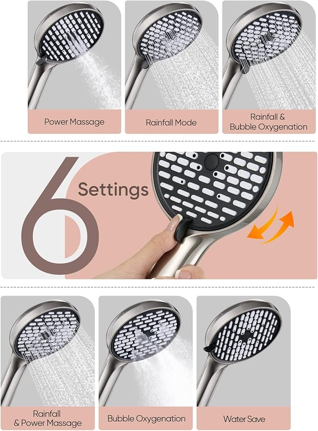 Cobbe 11.8 Inch Rain Shower Head with 6 Modes Handheld Water Spray，High Pressure Showerhead Combo with 11 Inch Adjustable Extension Arm, Brushed Nickel
