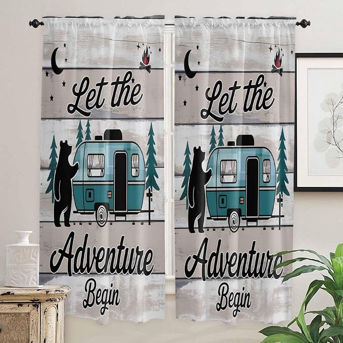 Farmhouse Bear Camper Van Tree Window Valance Curtains, Vintage Wood Grain - Image 7
