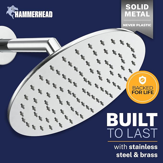 HammerHead Showers® Solid Metal 8 Inch Rainfall Shower Head – CHROME - Shower Head Rainfall - 1.75 GPM High Flow Shower Head Optimized for Pressure – Large Round Rain Shower Heads