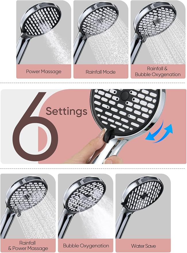 Cobbe 11.8 Inch Rain Shower Head with 6 Modes Handheld Water Spray，High Pressure Showerhead Combo with 11 Inch Adjustable Extension Arm, Chrome