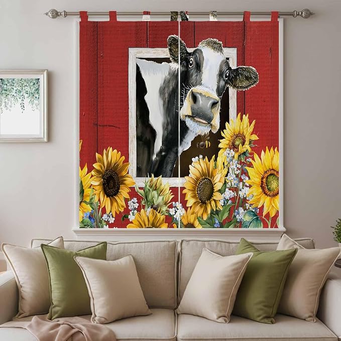 Cows Sunflowers Bedroom Curtains 72 Inch Length, Window Curtains Tab Top - Image 9