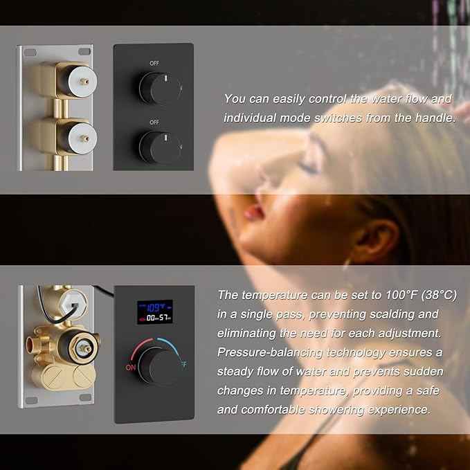 Matte Black Shower System Digital Tempreature Display Thermostatic Shower Faucet Set with 12 inch Ceiling Mount and 8 inch Wall Mount Shower Head, with 6 PCS Body Jet and Handheld Spray