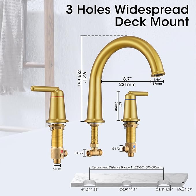Brushed Gold Roman Bathtub Faucet, 2-Handle High Flow Tub Filler with Valve Widespread Deck Mount Bath Tub Faucet Set Classic High Arch WT-9807BG02