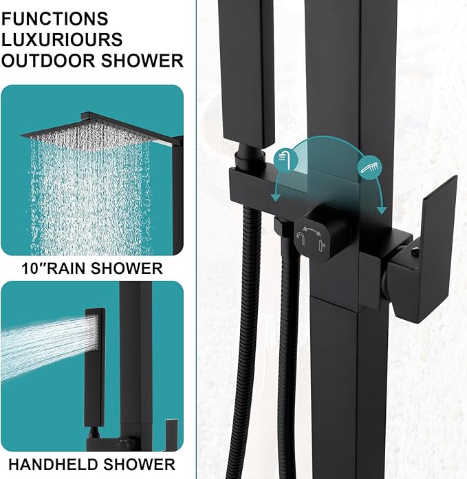 Freestanding Outdoor Shower with 10" Rain Shower Head and Handheld, Outdoor Shower Fixtures for Backyard Garden Beach. Outdoor Pool Shower, Matte black