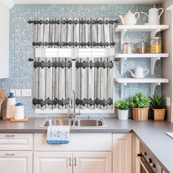 Farmhouse Rustic Kitchen Curtain Set, Vintage Country Wooden Grain Window - Image 6