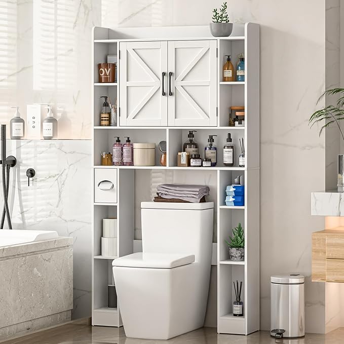 Farmhouse Storage Cabinet Over Toilet with Barn Doors，Over The Toilet Storage Cabinet, Home Space-Saving Toilet Rack, for Bathroom, Restroom, Laundry.