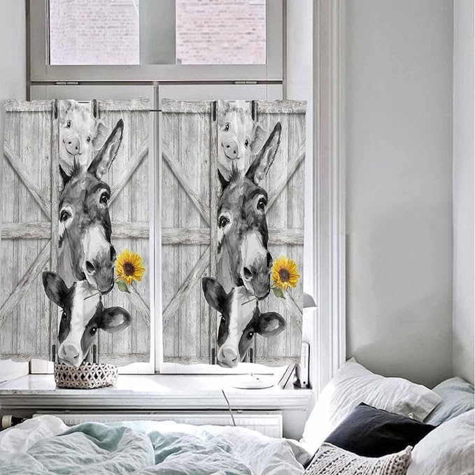 Grey Farmhouse Kitchen Curtains 45 Inches Length, Vintage Sunflowers Animals - Image 5