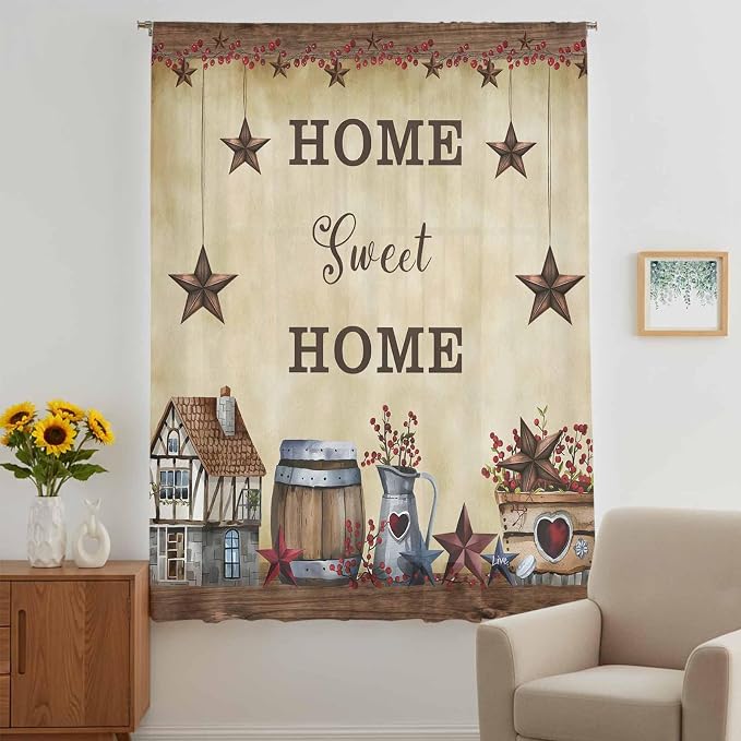 Farm Sheer Curtains 72 Inch Length American Country Barn Star Vintage Berry - Image 5