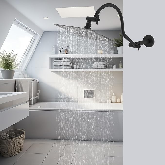 Hibbent All Metal Upgraded 18'' Shower Head Extension Arm, Shower Arm with Flange, Solid Brass Flexible Height & Angle Adjustable Shower Extender with Lock Joint, Universal Connection, Matte Black