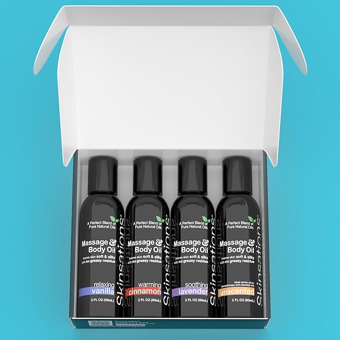 Skinsations - Massage Oil Kit (Set of 4) Natural Scents of Vanilla, Cinnamon, Lavender | Blend of Sweet Almond Oil, Fractionated Coconut Oil, Grapeseed Oil & Jojoba Oil, Travel Size