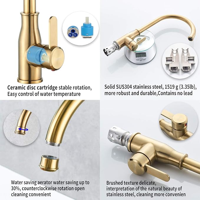 Brushed Gold Kitchen Faucet ，Modern High Arc Bar Sink Faucet ，Commercial - Image 3