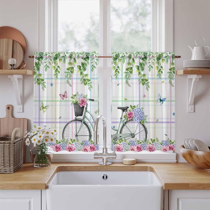 Spring Kitchen Curtains, Bicycles Botanical Leaves Rose Colorful Stripes Light - Image 2