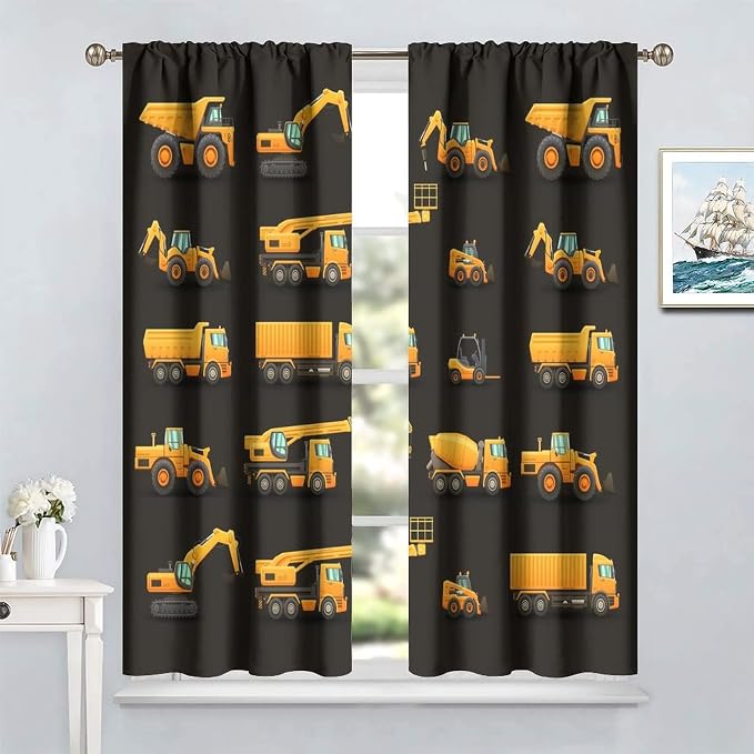 Kids Construction Window Curtains, Construction Machinery Equipment Mode of - Image 2