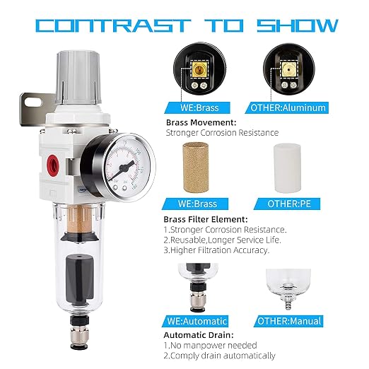 NANPU 1/4" NPT Compressed Air Filter Regulator Combo Piggyback, 5 Micron Brass - Image 5