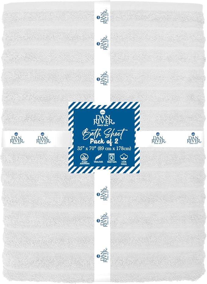 DAN RIVER Pack of 2 Bath Sheet 35x70 Inches, Super Soft Quick Dry Ribbed Cotton Towels, Luxury Oversized White Bath Towels