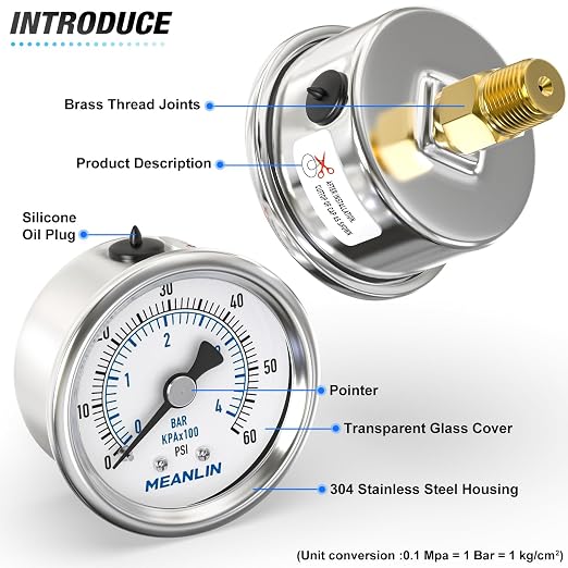 MEANLIN MEASURE 0~60Psi Dry Pressure Gauge Stainless Steel 1/4"NPT 2"FACE DIAL - Image 4