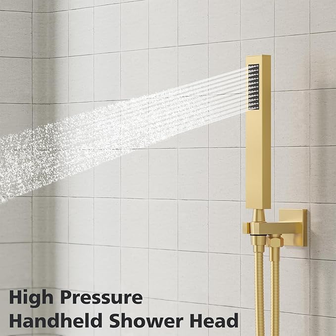 Gabrylly Shower System Gold, Rainfall Shower Faucet Set Complete, 12" High-Pressure Stainless Steel Rain Showerhead with handheld Shower Spray Combo, 2 Way Valve Included, Brushed Gold