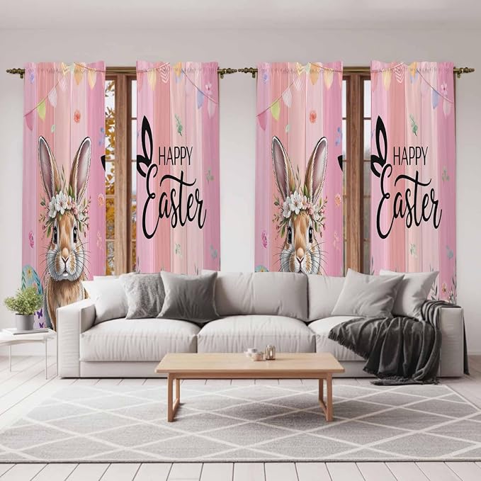 Easter Kitchen Curtains, Spring Rabbit Eggs Flowers Flags Leaves Wood Grain - Image 7