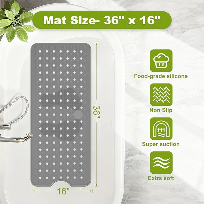 Silicone Bath Tub Mat Non Slip, 36"x16" Shower Foot Scrubber Mat with Drain Holes and Suction Cups, Upgraded Bathtub and Shower Mats, Machine Washable Bathtub Floor Liner Mats for Bathroom