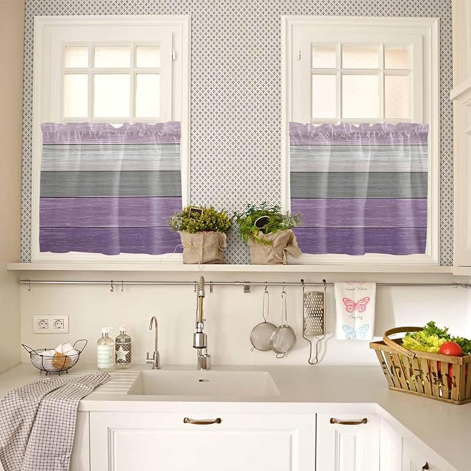 Country Wood Board Gray Purple Window Valance Curtains, Farmhouse Gradient - Image 7