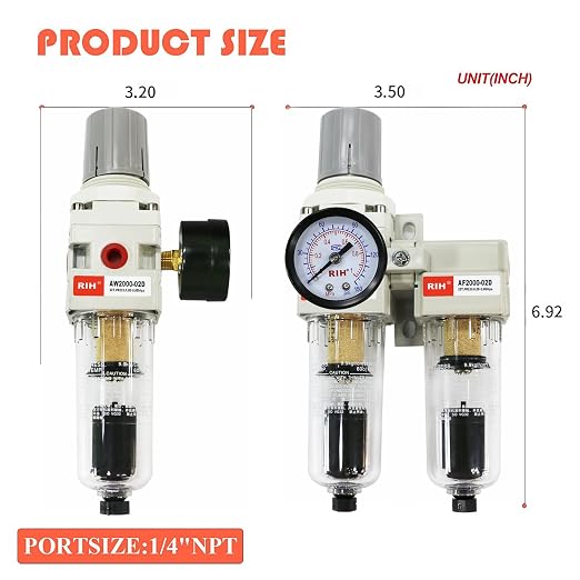 RIH Pneumatics 1/4'' NPT Auto Drain Compressed Air Double Filter & Regulator - Image 2