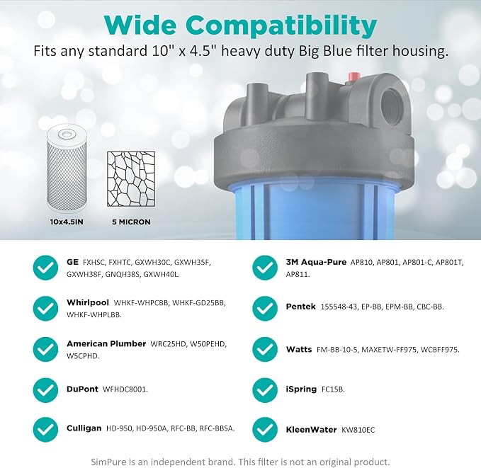 SimPure Whole House Water Filter Cartridges 5 Micron 10" x 4.5" CTO Activated - Image 4