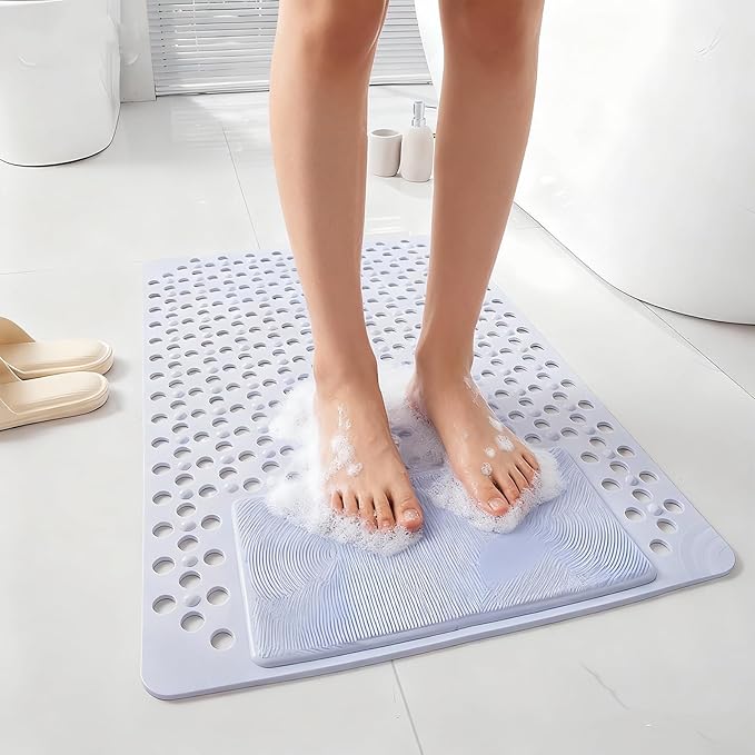 Bath Tub Shower Mat with Soft Shower Foot Scrubber Mat for Massage,Non Slip Bathtub Mat with Strong Suction Cups, Silicone Shower Foot Scrubber Mat (Gray, 35.4" X 23.6"(Rectangular))