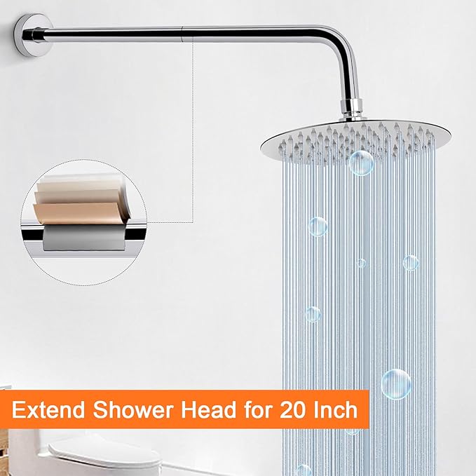 HarJue Shower Arm with Flange and Teflon Tape, Wall Mounted Shower Pipe 304 Stainless Steel Extension Arm for Fixed Shower Head & Handheld (20 Inch, Chrome)
