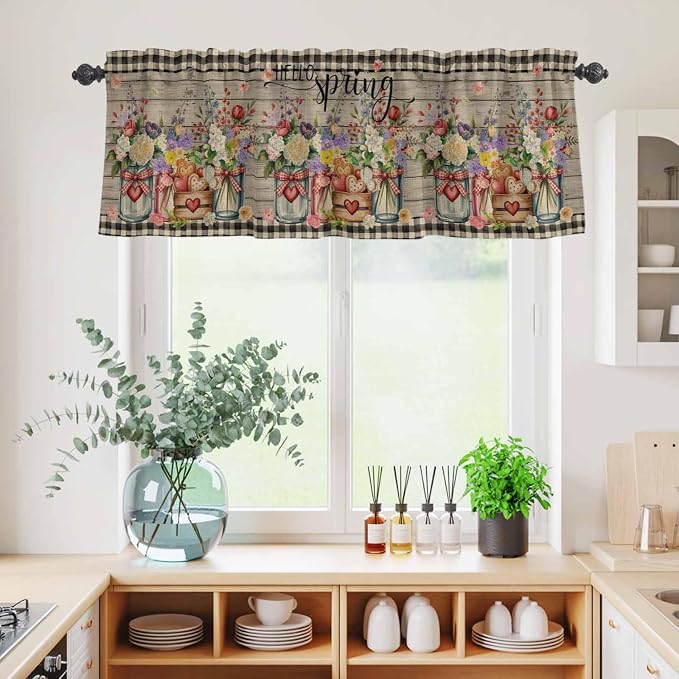 Kitchen Curtains Tiers and Valance Set of 3, Spring Flowers Light Filtering - Image 4