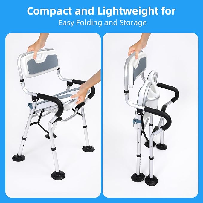 Shower Chair for Inside Shower,Foldable Shower Chair for Elderly and Disabled, Adjustable Height Chairs with Padded Arms and Back for Bathroom,Compact and Comfortable，Regular U-Shape