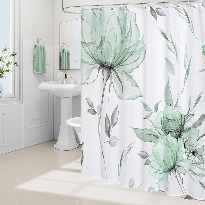 Extra Long Boho Watercolor Floral Shower Curtain 72 x 84, Green and Grey Ink Painting Style Flower Shower Curtains for Chic Elegant Bathroom, Artistic XL Fabric Cloth Shower Curtain