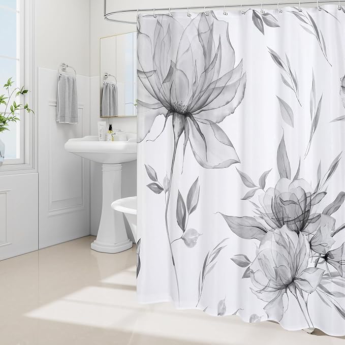 Long Boho Watercolor Floral Shower Curtain 72 x 78, Grey Ink Painting Style Flower Shower Curtains for Chic Elegant Bathroom, Artistic 78 Inch Long Fabric Shower Curtain